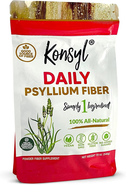 Konsyl Daily Psyllium Fiber Powder | 100% All-Natural Psyllium Husk for Gut & Digestive Health | No Sugar, No Fillers – 540g/19oz