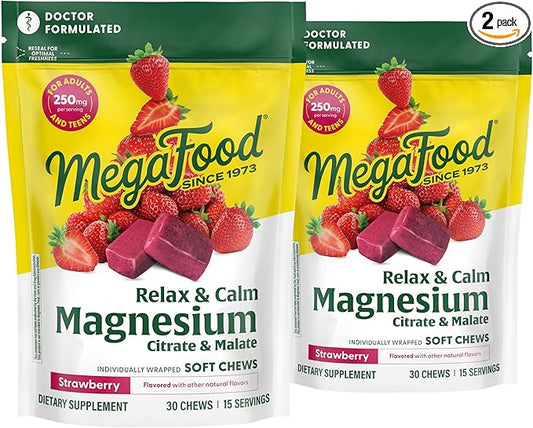 MegaFood Relax + Calm Magnesium Supplement - Soft Chews with Magnesium Citrate & Malate for Heart Health, Muscle Tension & More - Vegetarian - Strawberry-Flavor - 30 Chews per Pack (2 Pack)