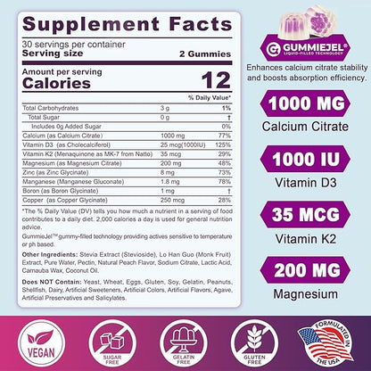 Sugar Free Calcium Citrate Gummies for Women & Men 1000mg, Vitamin D3 K2, Magnesium, Zinc, Boron, Manganese, Copper, Ultimate Absorption Calcium Supplements for Bone, Muscle & Immune - Vegan, 60 Count