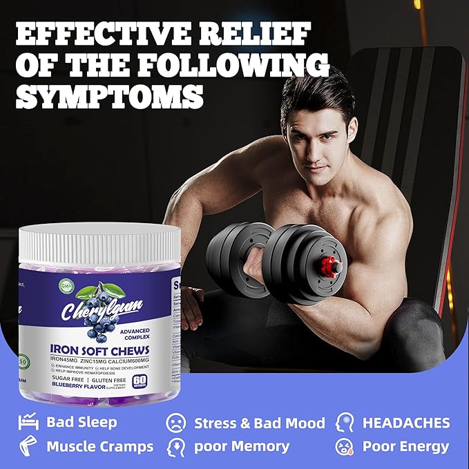 Iron Soft Chew Supplement with Vitamin C | Blueberry Flavored | Gluten Free | Iron Supplement for Women Men and Kids | 60 Count | 2 Month Supply