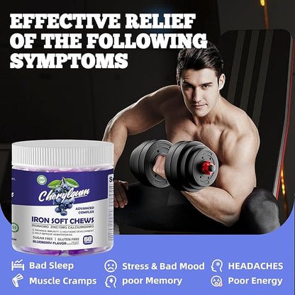 Iron Soft Chew Supplement with Vitamin C | Blueberry Flavored | Gluten Free | Iron Supplement for Women Men and Kids | 60 Count | 2 Month Supply