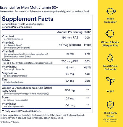Ritual Multivitamin for Men 50+, Vegan, with Zinc, Vitamin A and D3 for Immune Function Support*, Omega-3 DHA, B12, K2, Gluten Free, Non-GMO, Mint Essenced, 30 Day Supply