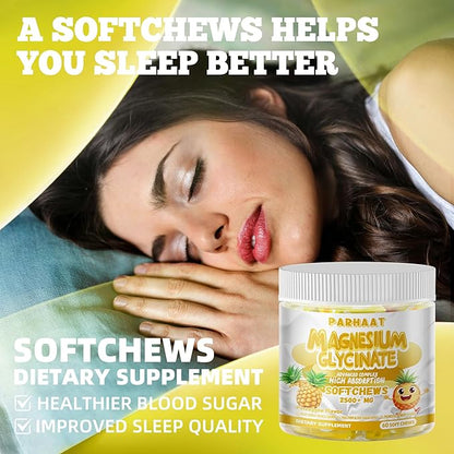 Magnesium Glycinate Soft Chews, Pineapple Flavor.Chewable Sugar Free Potassium Magnesium Chews with Magnesium Glycinate, Vitamin D, B6, and CoQ10 for Calm Support & Sleep for Adults, 60 Days Supply