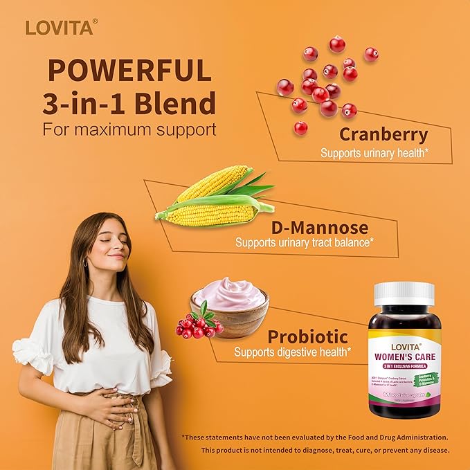 Lovita Women's Care Supplement with D-Mannose, Cranberry & Probiotics - Supports Urinary Tract Health, 120 Vegetarian Capsules