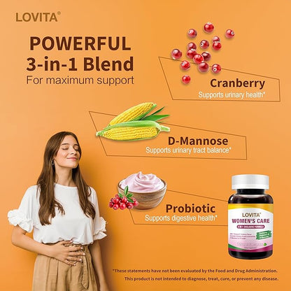 Lovita Women's Care Supplement with D-Mannose, Cranberry & Probiotics - Supports Urinary Tract Health, 120 Vegetarian Capsules