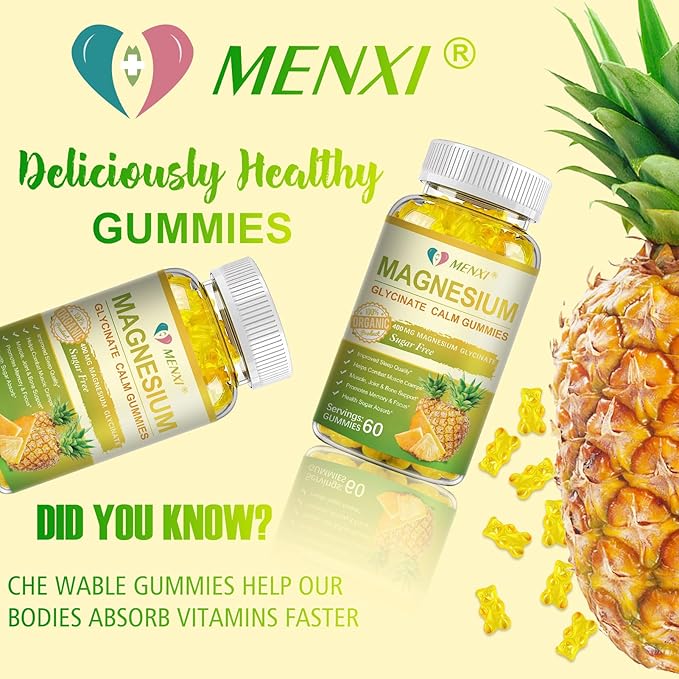 Magnesium Glycinate Gummies 400mg, Sugar Free Magnesium Taurate, Magnesium Malate Supplement with Vitamin D, B6, CoQ10 for Relaxation, Stress Relief, Muscle, Bone & Sleep Support- 60 Pineapple Gummies