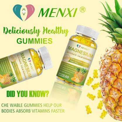 Magnesium Glycinate Gummies 400mg, Sugar Free Magnesium Taurate, Magnesium Malate Supplement with Vitamin D, B6, CoQ10 for Relaxation, Stress Relief, Muscle, Bone & Sleep Support- 60 Pineapple Gummies