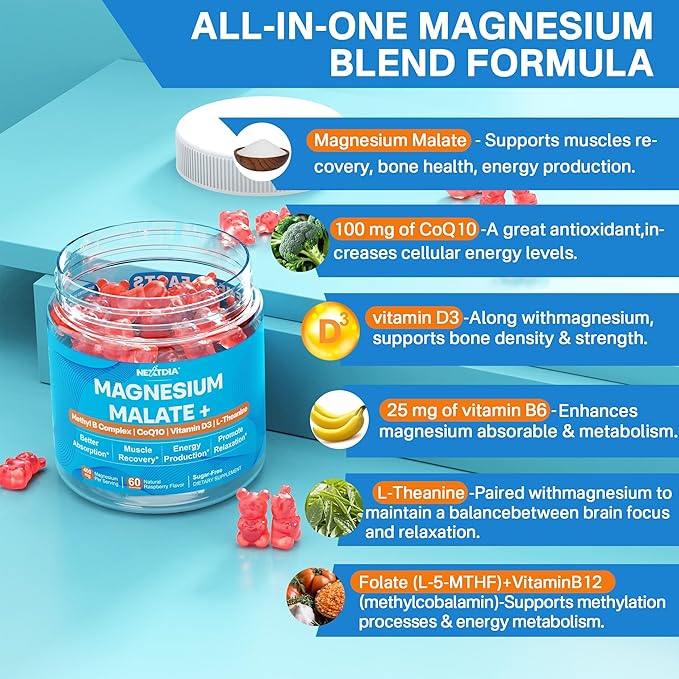 Magnesium Malate Gummies for Adults - Energy, Muscle, Calm & Relax Support - Magnesium 400mg plus CoQ10-100mg, L-Theanine, Vitamin D3, B6, B12 & Folate 5-MTHF, Sugar Free Magnesium Supplement, 2Pack