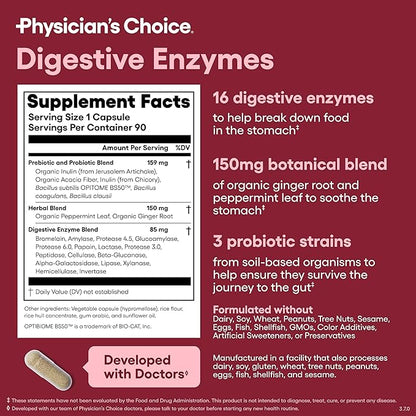 Physician's CHOICE Digestive Enzymes - Multi Enzymes, Organic Prebiotics & Probiotics for Digestive Health & Gut Health - Meal Time Discomfort Relief & Bloating - Dual Action Approach - 90 CT
