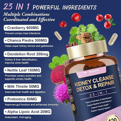 Kidney & Liver Cleanse Detox & Repair Capsules, Chanca Piedra & Cranberry Pills for Liver Kidney Support Supplement Extra Strength for Stones Dissolver, Urinary Tract Health for Woman