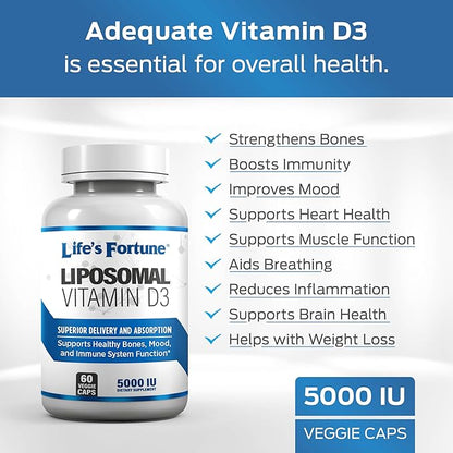 Life's Fortune Liposomal Vitamin D3 5000 IU Supplement Non-GMO, High Absorption, Supports Healthy Bones Mood and Immune System Function, 60 Veggie Caps