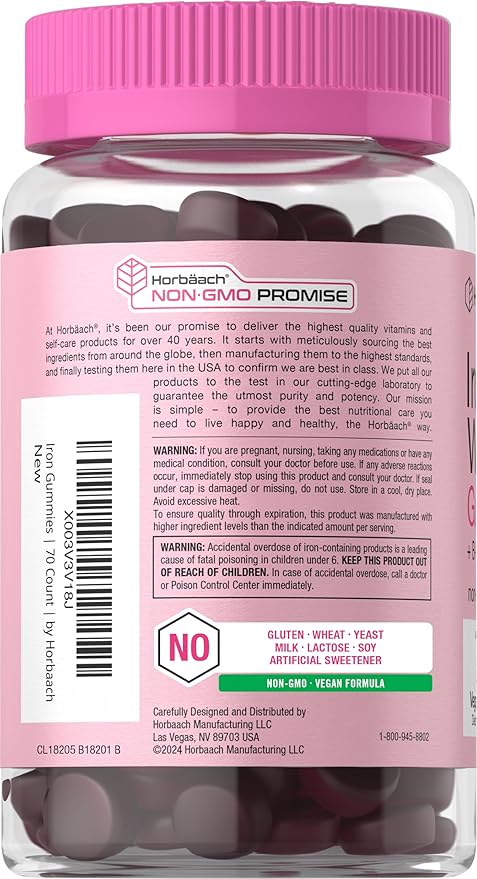 Horbäach Iron Gummies for Women | Supplement with B Vitamins | 70 Count | Grape Flavor | Vegan, Non-GMO & Gluten Free