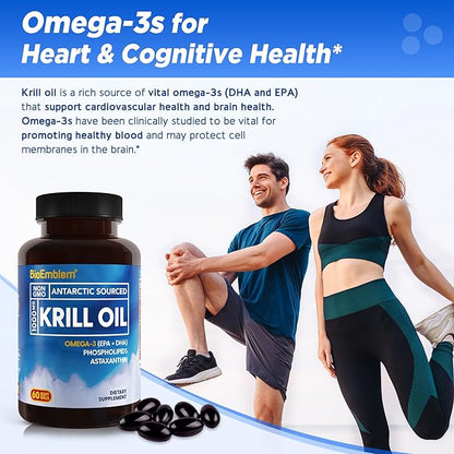 BioEmblem 3 Pack Antarctic Krill Oil 1000mg Softgels, Omega-3s Oil with High Levels of EPA + DHA, Astaxanthin, and Phospholipids, Supports Brain Health, 180-Count Non-GMO, Gluten Free, 90 Days Supply