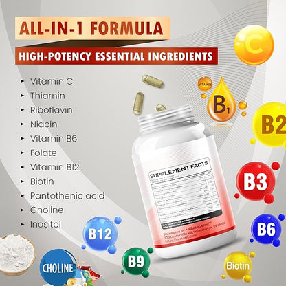 Vitamin B Complex - High Potency with Thiamin, Riboflavin, Niacin Vitamin B6, Folate, Vitamin B12 -Energy, Focus, Hair, Skin, Nails Support - 150 Count - Made & Tested in The USA