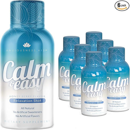 Calm & Easy - Natural Stress Relief Shot, KSM-66 Ashwagandha, Suntheanine L Theanine, Calming Adaptogen Drink, Relaxation, Focus, and Mood | 2 oz Liquid Bottle (6 Pack)