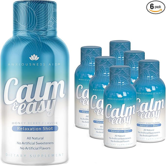 Calm & Easy - Natural Stress Relief Shot, KSM-66 Ashwagandha, Suntheanine L Theanine, Calming Adaptogen Drink, Relaxation, Focus, and Mood | 2 oz Liquid Bottle (6 Pack)