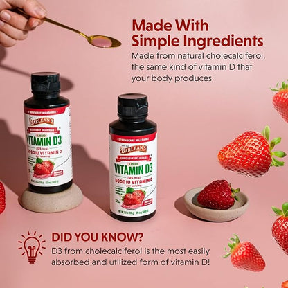 Barlean's Liquid Vitamin D, 5000 IU D3, Strawberry Milkshake Flavored for Kids and Adults, Maximum Absorption, Non-GMO, Gluten-Free - 5.6 oz