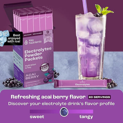KEY NUTRIENTS Multivitamin Electrolytes Powder Packets - Delicious Acai Berry 20 Pack Hydration Packets - Travel Hydration Powder - No Sugar, No Calories, Gluten Free - Made in USA