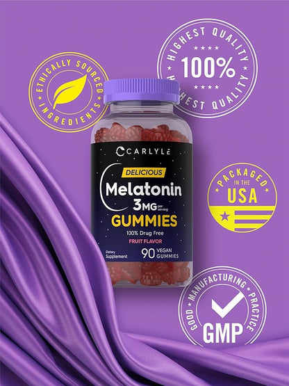 Carlyle Melatonin Gummies 3mg | 90 Count | Fruit Flavor Gummy Supplement | 100% Drug Free Support | Vegan, Non-GMO, Gluten Free