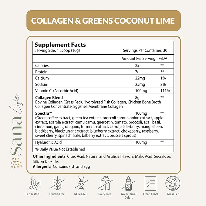 Collagen & Greens Powder, Multi-Collagen Supplement with Hyaluronic Acid for Skin, Hair, Nail & Gut Health - 30 Servings (Coconut Lime)