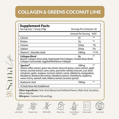 Collagen & Greens Powder, Multi-Collagen Supplement with Hyaluronic Acid for Skin, Hair, Nail & Gut Health - 30 Servings (Coconut Lime)