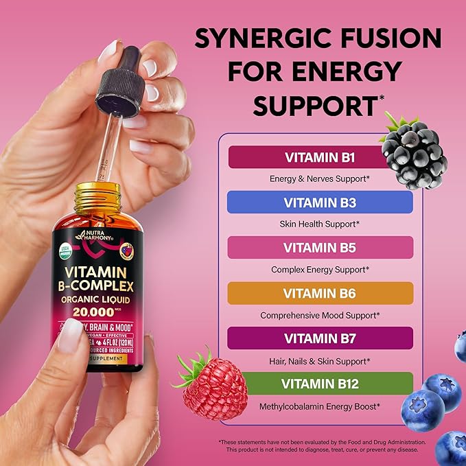 USDA Organic Vitamin B-Complex B5 Pantothenic Acid | B12 Methylcobalamin | B1 Thiamine | B6 Pyridoxine | B7 Biotin | B9 Folic | B3 Niacinamide - B Complex Liquid Drops, Made in USA Supplement, 4fl oz