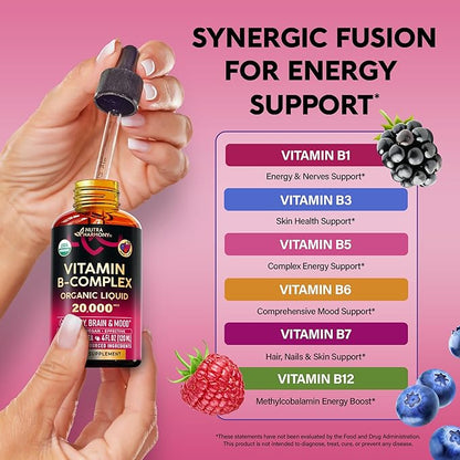 USDA Organic Vitamin B-Complex B5 Pantothenic Acid | B12 Methylcobalamin | B1 Thiamine | B6 Pyridoxine | B7 Biotin | B9 Folic | B3 Niacinamide - B Complex Liquid Drops, Made in USA Supplement, 4fl oz