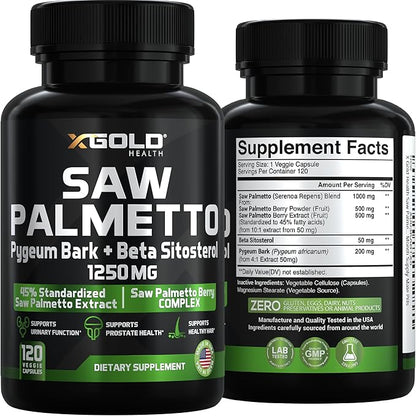 X Gold Health Saw Palmetto Prostate Supplement for Men | Pygeum Bark | Beta Sitosterol Supplement | Potent 3X Formula | Urinary Function Prostate | DHT Blocker Hair Growth | 4 Month Supply Male Pills