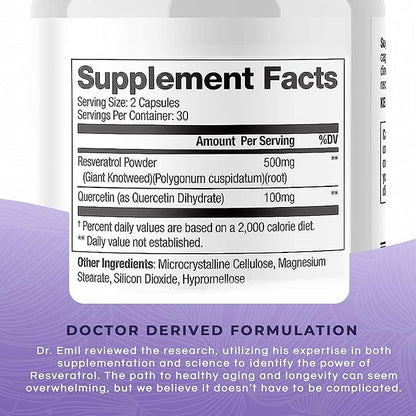 DR. EMIL NUTRITION Resveratrol Supplement - Healthy Aging Supplement with 500mg Resveratrol and 100mg Quercetin - Supports Normal Cellular & Cognitive Health, 60 Capsules