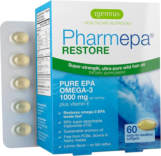 Igennus Pharmepa Restore, 1000mg Pure EPA Omega-3 Triglyceride Form Fish Oil, IFOS Certified, Highly Absorbable rTG Form, 90% Concentration, Wild & Sustainable, Lemon Flavour, 60 Softgels