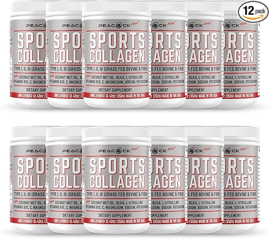 Sports Collagen Powder, 149.04 oz (Pack of 12) - Grass Fed Bovine & Wild Fish Hydrolyzed Type I, II, III Multi Collagen Peptides, Unflavored Protein Powder with BCAA & Magnesium