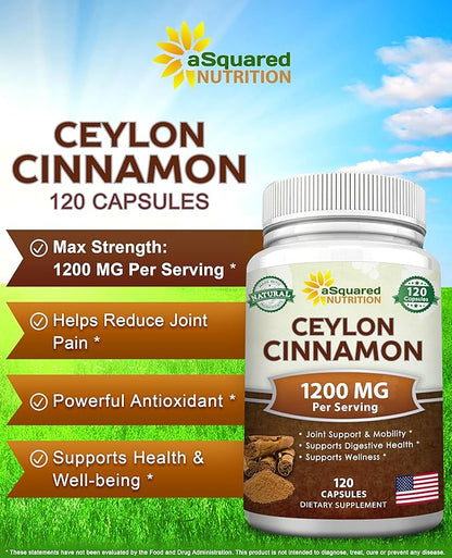 Natural Ceylon Cinnamon 1200mg - 120 Capsules, True Cinnamon from Sri Lanka, Extract Supplement Pills Promotes Heart Health