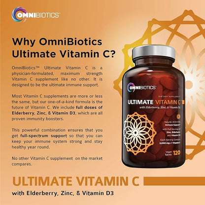 Ultimate Vitamin C Supplement 2000mg with Zinc, Elderberry Extract, D3 - High Potency Vitamin C for Immune Support, Antioxidant, and Collagen Booster. Non-GMO, Gluten Free - 120 Vegan Tablets
