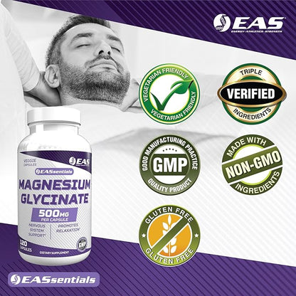 Magnesium Glycinate 500mg | Nervous System & Muscle Function | Relaxation Support | Easy to Digest | Gluten Free, Non GMO, Vegetarian | 120 Veggie Capsules