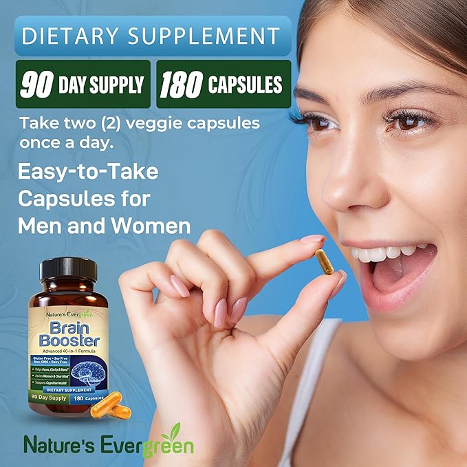 Brain Booster 40-in-1 Formula Supplement for Focus, Memory, Clarity, Energy | for Men & Women, Cognitive Function Nootropic Support with DMAE, Brain Health Formula | (180 Capsules - 90 Day Supply)