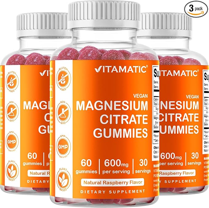 Vitamatic Magnesium Gummies 600mg per Serving – 60 Vegan Gummies – Relaxation, Muscle, Bone & Energy Support – 3 Pack