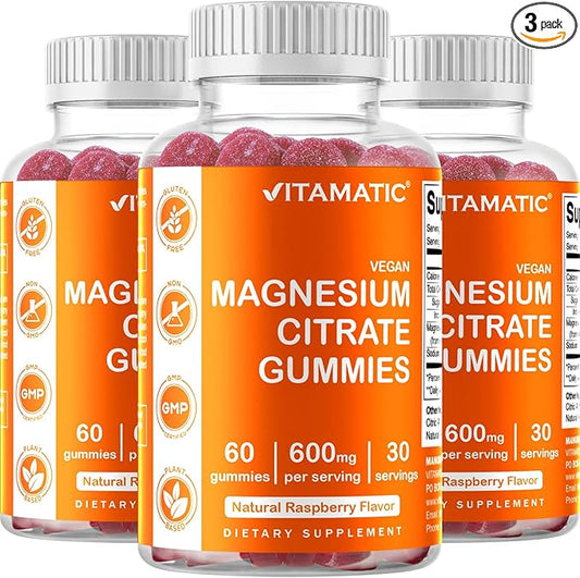 Vitamatic Magnesium Gummies 600mg per Serving – 60 Vegan Gummies – Relaxation, Muscle, Bone & Energy Support – 3 Pack