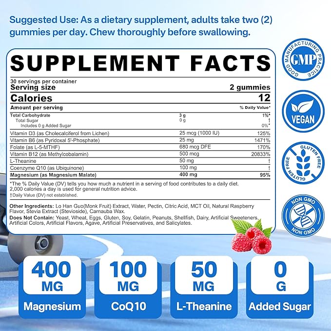 Magnesium Malate Gummies for Adults - Energy, Muscle, Calm & Relax Support - Magnesium 400mg plus CoQ10-100mg, L-Theanine, Vitamin D3, B6, B12 & Folate 5-MTHF, Sugar Free Magnesium Supplement, 2Pack