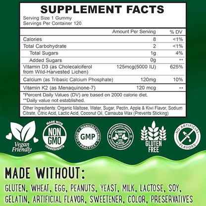 Center-Filled Vitamin D3 K2 Gummies - Kids, Teens & Adults - Supplement for Healthy Teeth, Bone, Energy & Immunity - 5000 IU D3, 120 mcg K2(MK-7), 120 mg Calcium - Vegan & Non-GMO - 120 Count