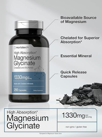 Horbäach Buffered Magnesium Glycinate | 1330mg | 250 Capsules | with Chelated Minerals | Non-GMO, Gluten Free