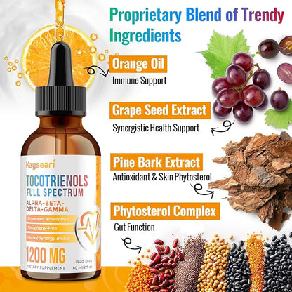 Full Spectrum of Tocotrienols Supplement 1200mg- Tocotrienol Vitamin E Liquid,Tocopherol-Free - Superior Antioxidant Blend - Higher Absorption - 2 fl oz,30 Servings