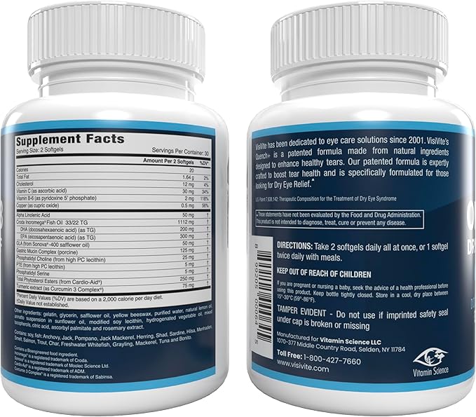 Omega 3 Dry Eye Supplements with EPA and DHA - VisiVite Dry Eye Relief Quench+ Eye Vitamins for dry eyes with Omega 3 Supplement - Dry Eye vitamins Made with Omega 3 Fish Oil - 60 Softgels.