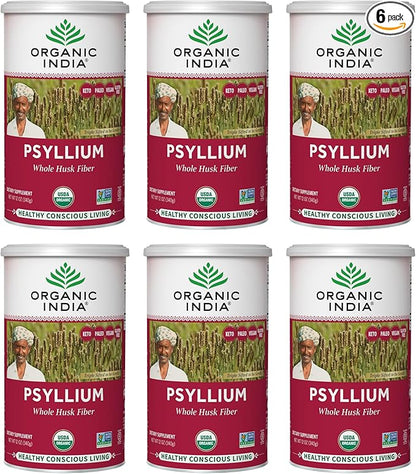 ORGANIC INDIA Whole Psyllium Husk Powder Organic - Psyllium Husk Fiber Supplement, Digestion Support, Vegan, Gluten-Free, Non-GMO, Soluble & Insoluble Fiber Source - 12 oz Canister, 6 Pack