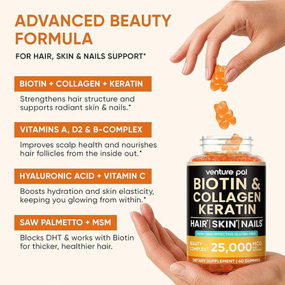 Venture Pal Biotin Gummies with Collagen & Keratin - Hair Growth Support Skin and Nail Strength Vitamins for Women & Men - Biotin 10000mcg | B-Complex | Saw Palmetto - Sugar Free, Non-GMO, 60ct