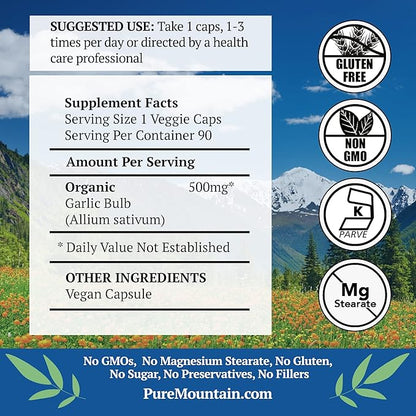 Pure Mountain Botanicals Garlic Pills Kosher Vegan Capsules with 500mg Organic Garlic Allium Sativum Supplement