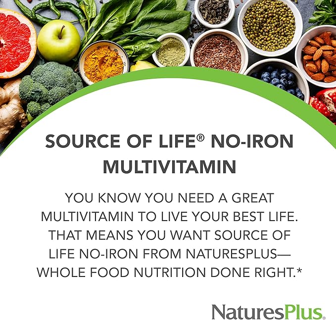Natures Plus Source of Life No Iron Tablets - 90 Vegetarian Tablets - Whole Food Multivitamin & Mineral Supplement, Energy & Immunity Booster- Gluten-Free - 30 Servings