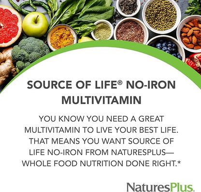 Natures Plus Source of Life No Iron Tablets - 90 Vegetarian Tablets - Whole Food Multivitamin & Mineral Supplement, Energy & Immunity Booster- Gluten-Free - 30 Servings