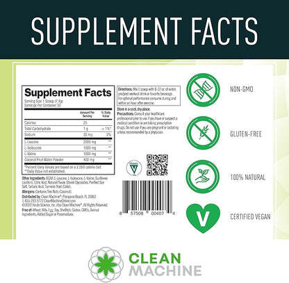 Clean BCAA - 2:1:1 Food Sourced BCAAs Powder & Coconut Water Electrolytes Recovery & Amino Energy Supplement - Award Winning Vegan Amino Acid Supplement - 30 Servings - Lemonade