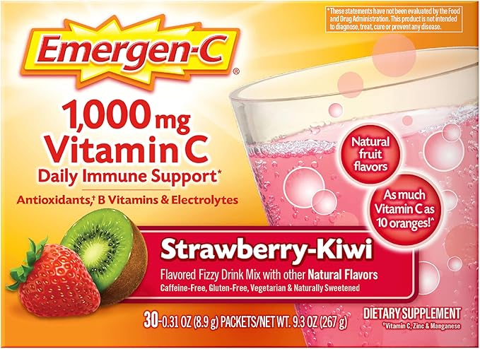 Emergen-C 1000mg Vitamin C Powder, with Antioxidants, B Vitamins and Electrolytes, Vitamin C Supplements for Immune Support, Caffeine Free Fizzy Drink Mix, Strawberry Kiwi Flavor - 30 Count