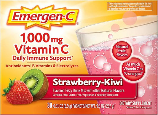 Emergen-C 1000mg Vitamin C Powder, with Antioxidants, B Vitamins and Electrolytes, Vitamin C Supplements for Immune Support, Caffeine Free Fizzy Drink Mix, Strawberry Kiwi Flavor - 30 Count
